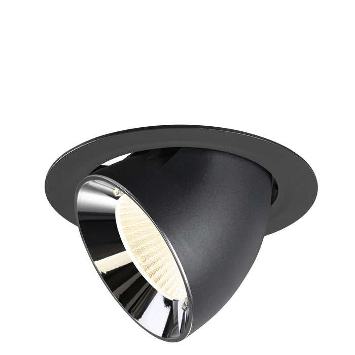 Black metal recessed spotlight with a chrome finish, featuring a sleek design and adjustable mounting for focused lighting.