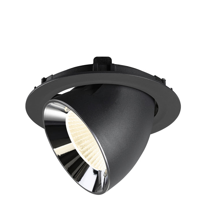Black recessed spotlight with a metallic chrome finish, featuring a textured reflector and designed for ceiling mounting.