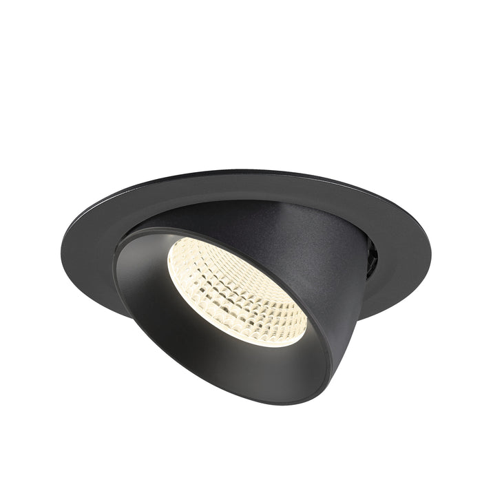 Black recessed ceiling light fixture, adjustable spotlight.