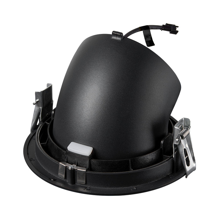 Black recessed lighting can with metal mounting clips.