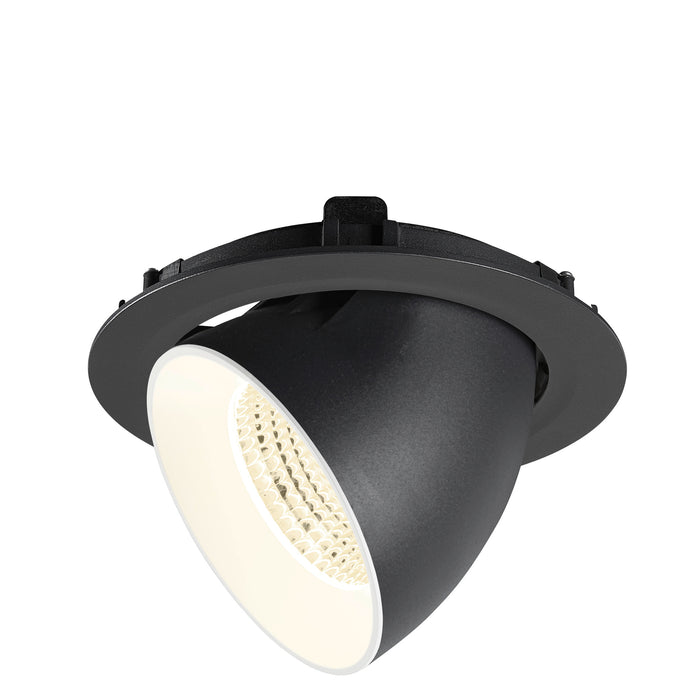 Black recessed ceiling light fixture with adjustable head.