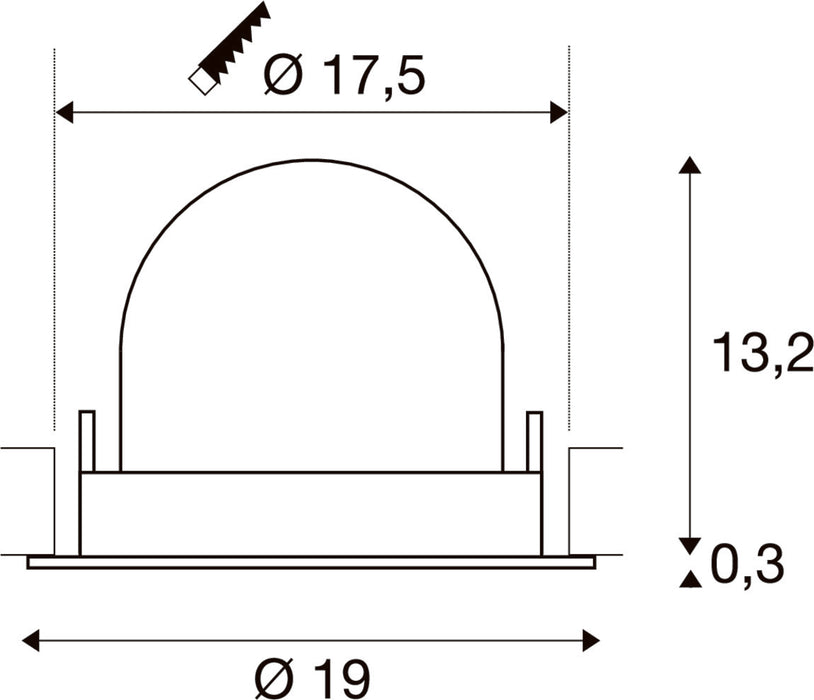 Technical drawing with dimensions of a recessed light fixture.