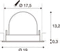 Technical drawing with dimensions of a recessed light fixture.