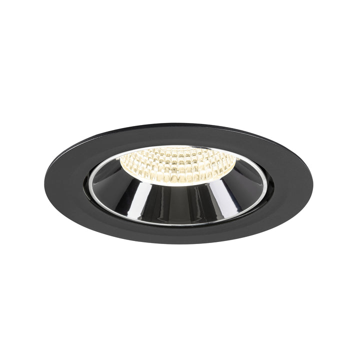 Recessed ceiling light fixture made of metal with a black finish and chrome reflector, designed for flush mounting.