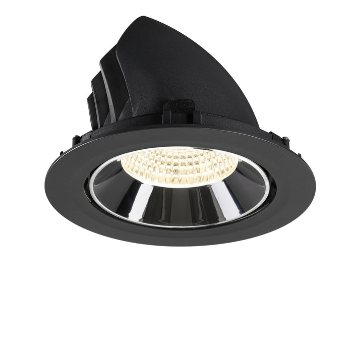 Black recessed LED downlight with a reflective chrome finish and a sleek design, suitable for ceiling mounting.