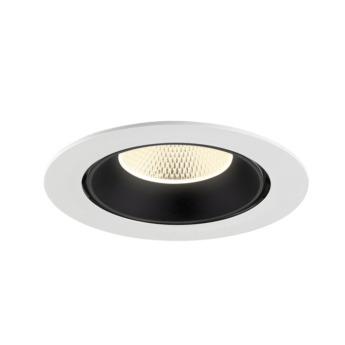 Recessed ceiling light fixture with a black interior, white trim, and honeycomb lens, made of metal for durable mounting.
