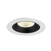 Recessed ceiling light fixture with a black interior, white trim, and honeycomb lens, made of metal for durable mounting.