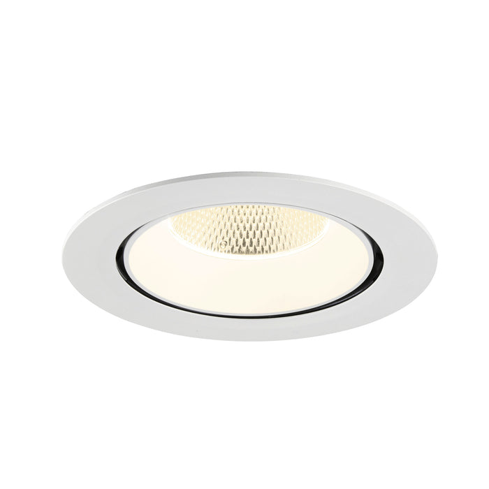 White recessed ceiling light fixture with round trim.