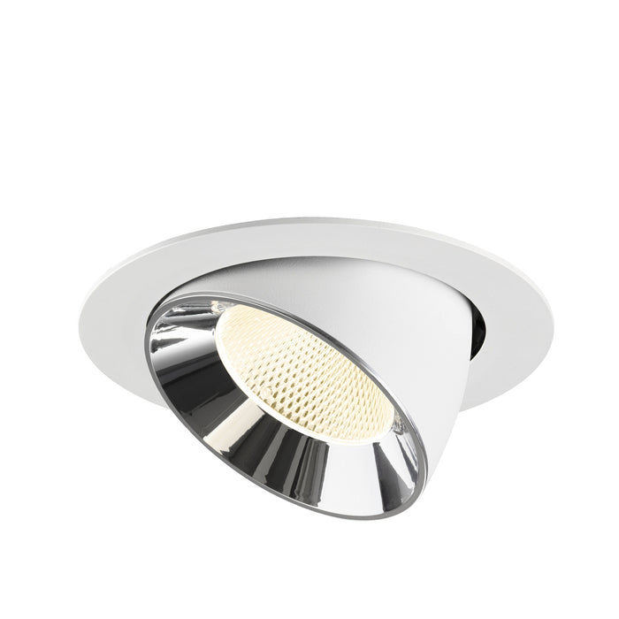 Recessed ceiling light fixture in white metal with a chrome finish and a textured reflector, designed for flush mounting.