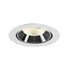 Recessed ceiling light fixture with a white metal finish, black reflector, and honeycomb lens for even light distribution.
