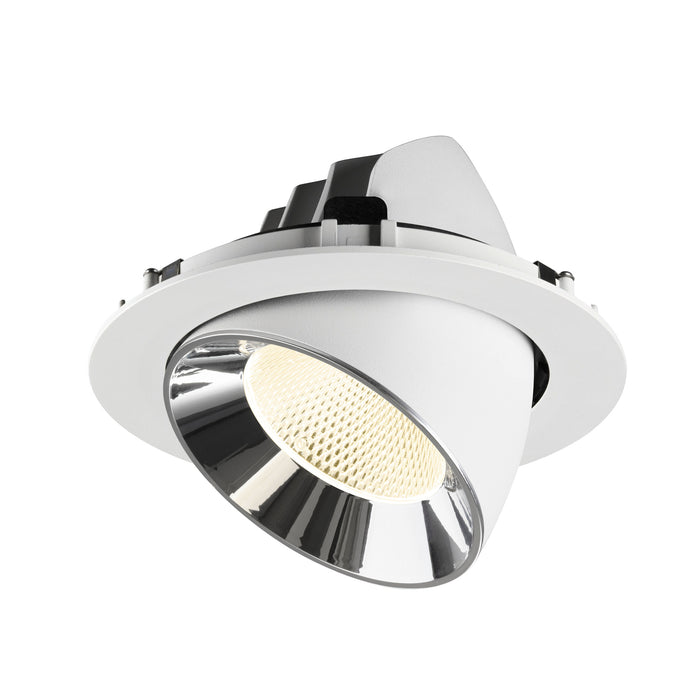 Recessed ceiling light fixture made of metal with a white finish and chrome reflector, designed for easy mounting in various settings.