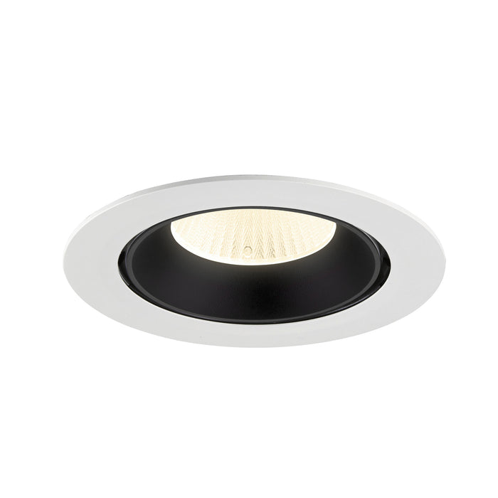 Recessed LED downlight with a white finish, black interior, and textured glass lens, designed for ceiling mounting.