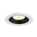 Recessed LED downlight with a white finish, black interior, and textured glass lens, designed for ceiling mounting.