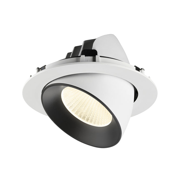 Recessed ceiling light fixture with a white metal body, black interior finish, and a warm white LED bulb.
