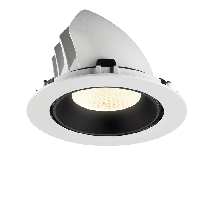 Recessed ceiling light fixture in white metal finish with black interior, featuring a textured lens for soft illumination.