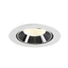 Recessed ceiling light fixture made of metal with a polished chrome finish and white trim, featuring a warm white LED bulb.