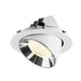 Recessed ceiling light fixture with a white metal body, chrome reflector, and a warm white LED bulb, designed for flush mounting.