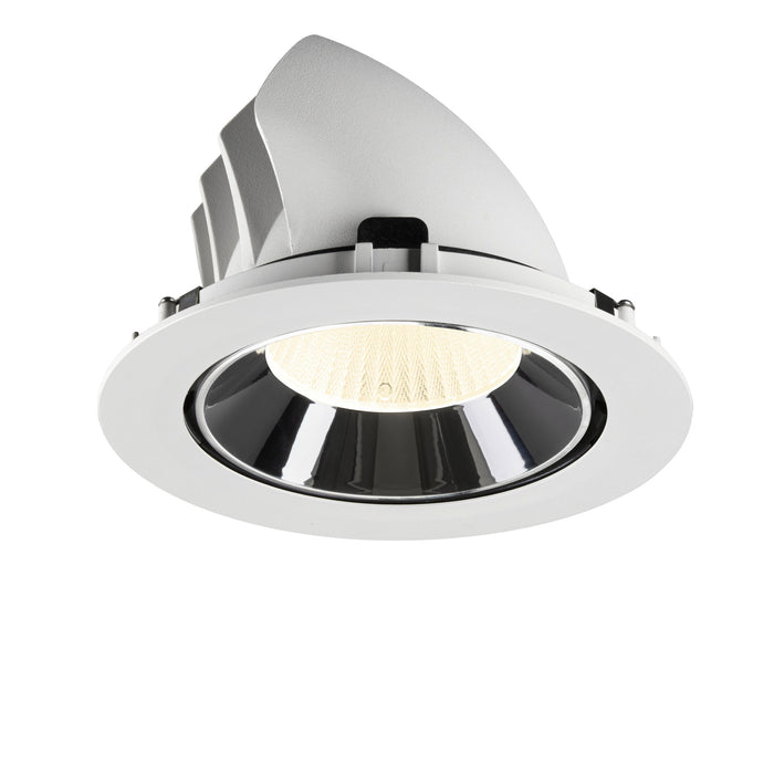 Recessed ceiling light fixture in white metal with a chrome finish and a textured glass lens, designed for flush mounting.