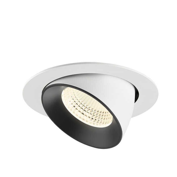 Recessed ceiling light fixture with a white metal finish and black interior, featuring a textured lens for focused illumination.