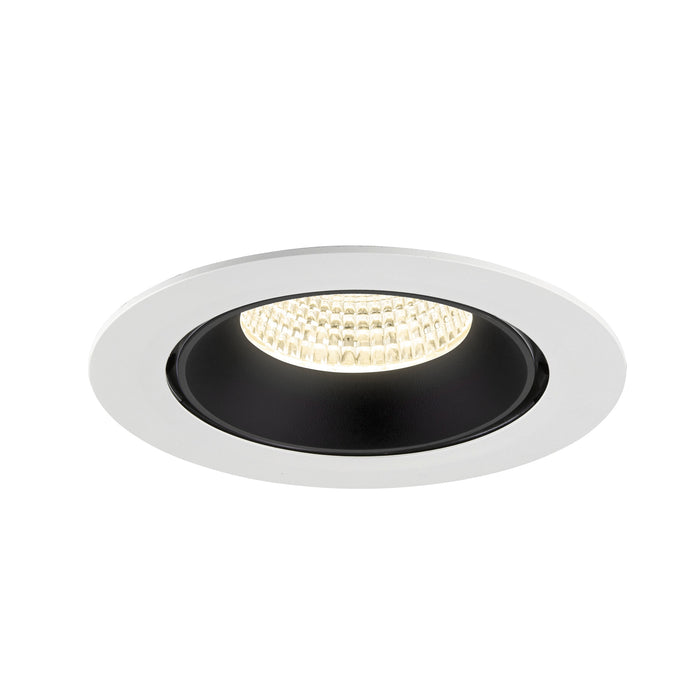 Recessed LED downlight with a white metal trim, black interior, and a clear lens, suitable for ceiling mounting.