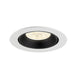 Recessed LED downlight with a white metal trim, black interior, and a clear lens, suitable for ceiling mounting.