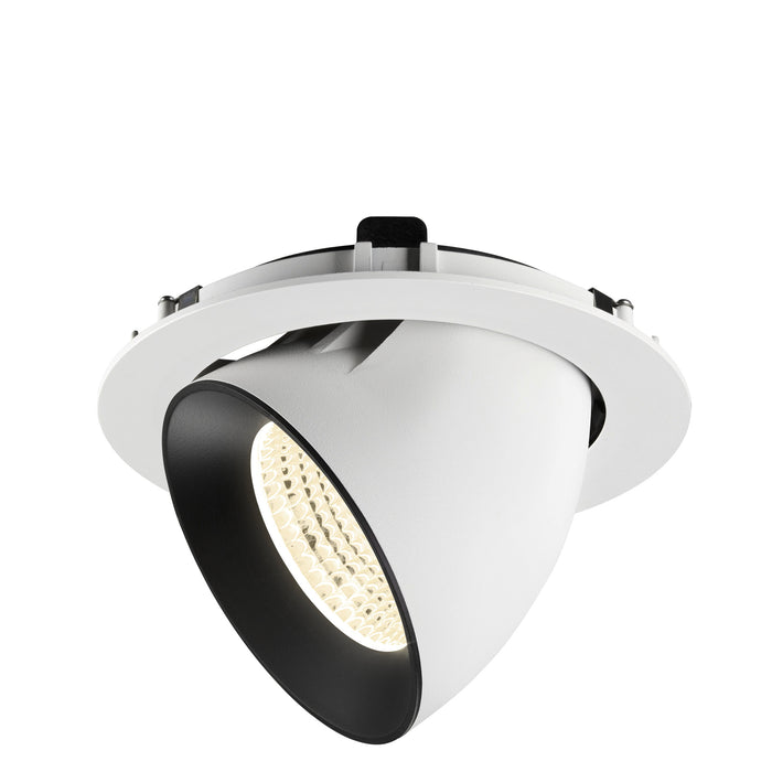 Recessed ceiling light fixture with a white metal body, black interior, and a matte finish, designed for easy mounting in various ceiling types.