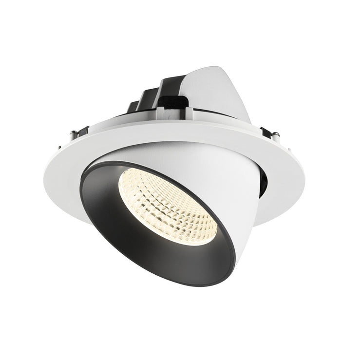 Recessed ceiling light fixture with a white metal body, black interior finish, and a modern design suitable for various mounting applications.