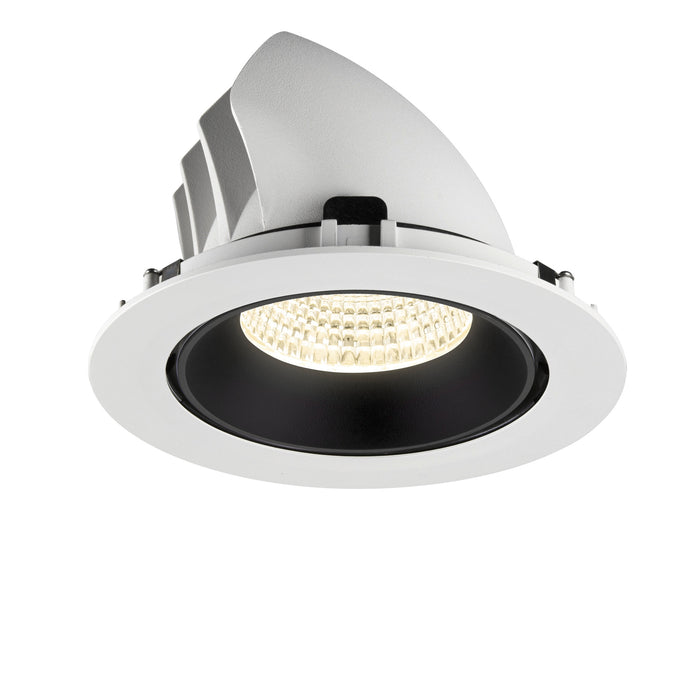 Recessed LED downlight in white finish with black interior, featuring a durable aluminum body and designed for ceiling mounting.