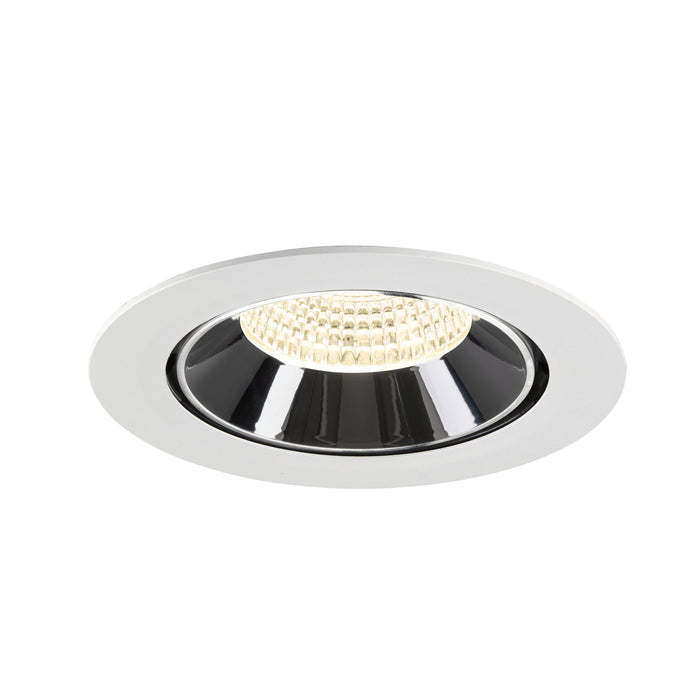 Recessed ceiling light fixture made of metal with a white finish and black reflector, designed for flush mounting.