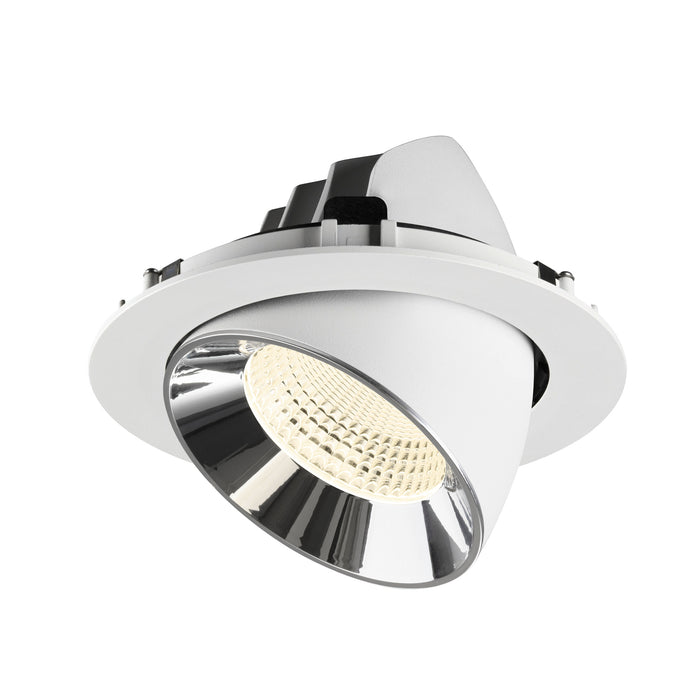 Recessed ceiling light fixture made of metal with a white finish and chrome reflector, designed for easy mounting.