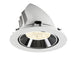 Recessed LED downlight in white finish with aluminum reflector and chrome accents, designed for ceiling mounting.