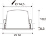 Technical drawing with dimensions for recessed light fixture.