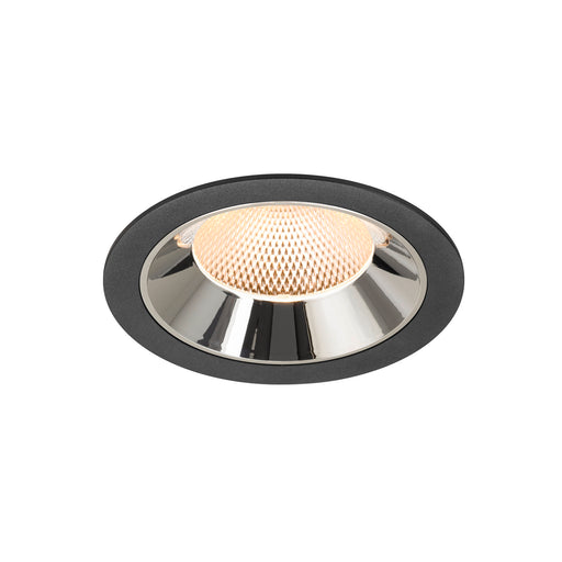 Recessed ceiling light fixture with a black finish, chrome reflector, and honeycomb lens, designed for flush mounting.