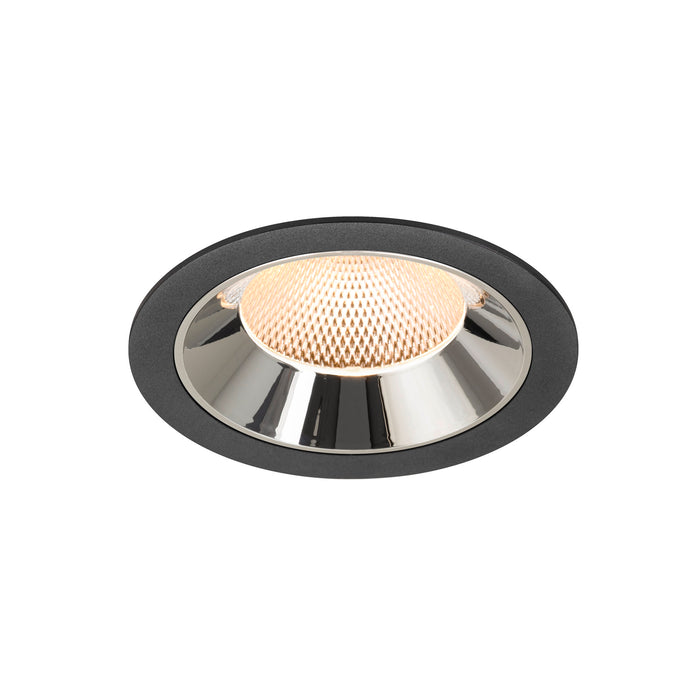 Recessed ceiling light fixture with a black finish, chrome reflector, and honeycomb lens, designed for flush mounting.