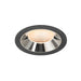 Recessed ceiling light fixture with a black finish, chrome reflector, and honeycomb lens, designed for flush mounting.