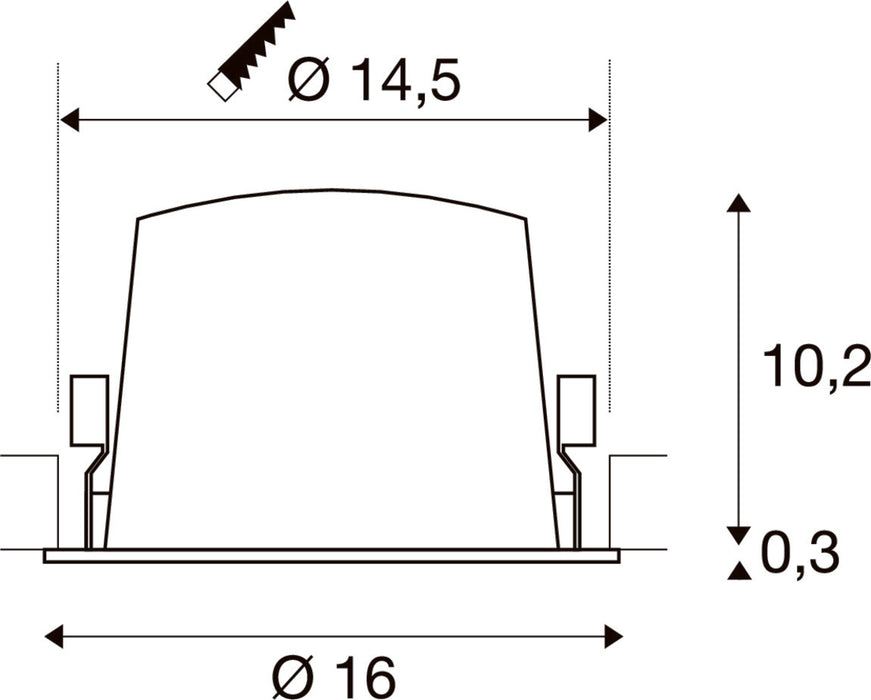 Technical drawing with dimensions for a recessed light fixture.