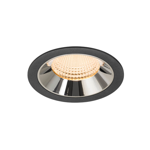Recessed ceiling light fixture with a black metal finish, chrome reflector, and warm LED bulb, designed for easy mounting in various settings.