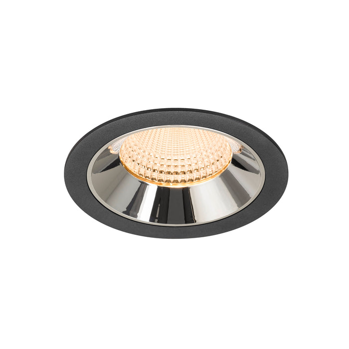 Recessed ceiling light fixture with a black metal finish, chrome reflector, and warm LED bulb, designed for easy mounting in various settings.