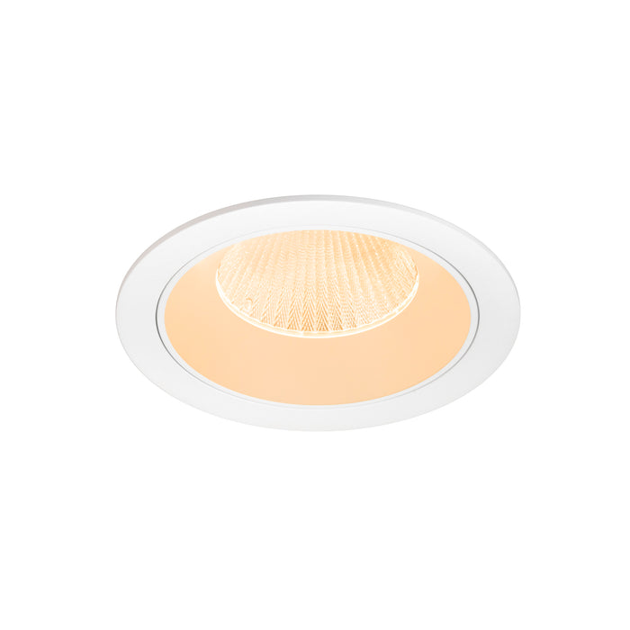 Recessed LED downlight in white finish with a honeycomb lens, featuring a warm amber glow for ceiling mounting.