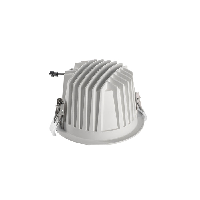 Gray aluminum heat sink with a ribbed design and mounting clips for efficient cooling in lighting applications.