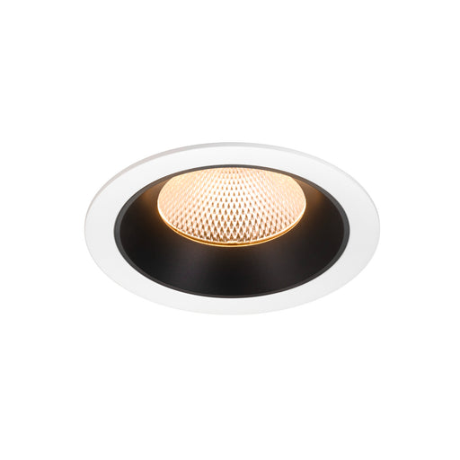 Recessed ceiling light fixture with a black and white finish, featuring a honeycomb pattern and warm LED light source.