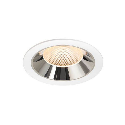 Recessed ceiling light fixture with a polished chrome finish, white trim, and honeycomb lens, designed for flush mounting.