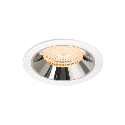 Recessed ceiling light fixture made of metal with a polished chrome finish and white trim, featuring a warm amber LED bulb.