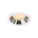 Recessed ceiling light fixture made of metal with a polished chrome finish and white trim, featuring a warm amber LED bulb.