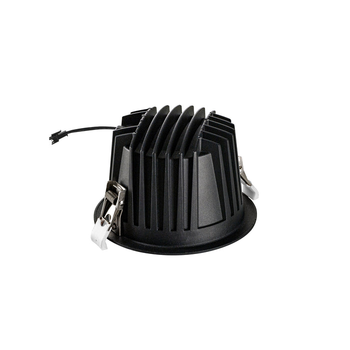 Black aluminum heat sink with a matte finish, featuring mounting clips and a wire connector for efficient thermal management.