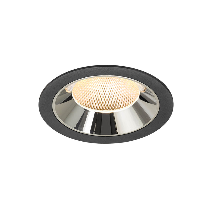 Recessed ceiling light fixture with a chrome finish, black metal trim, and honeycomb lens for focused illumination.