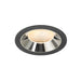 Recessed ceiling light fixture with a chrome finish, black metal trim, and honeycomb lens for focused illumination.