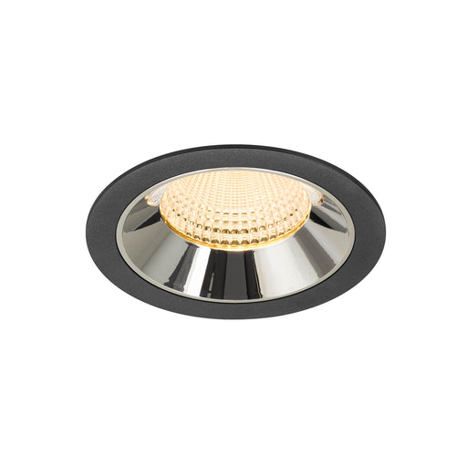 Recessed ceiling light fixture with a black finish, chrome reflector, and warm white LED bulb, designed for easy mounting in various spaces.