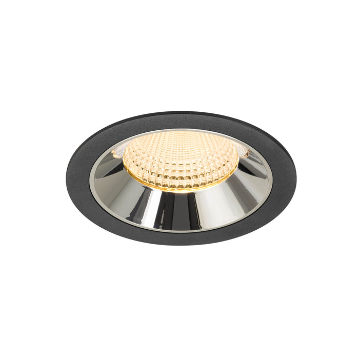Recessed ceiling light fixture with a black finish, chrome reflector, and warm white LED bulb, designed for easy mounting in various spaces.