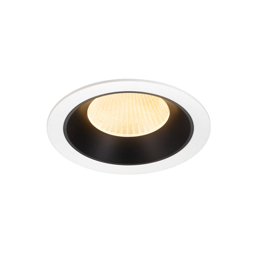 Recessed ceiling light fixture with a white and black finish, featuring a textured glass lens and warm LED illumination.